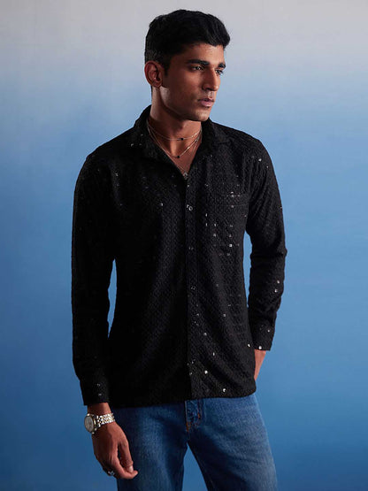 VM By VASTRAMAY Men's Black Rayon Embellished Shirt