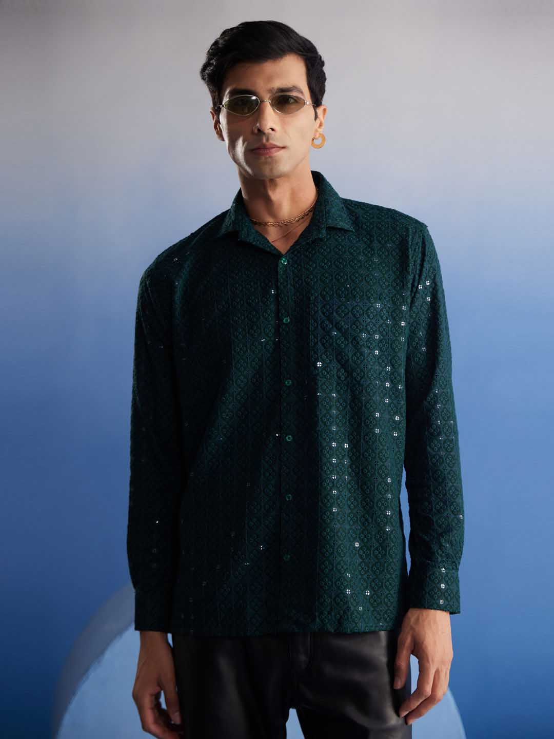 VM By VASTRAMAY Men's Green Rayon Embellished Shirt