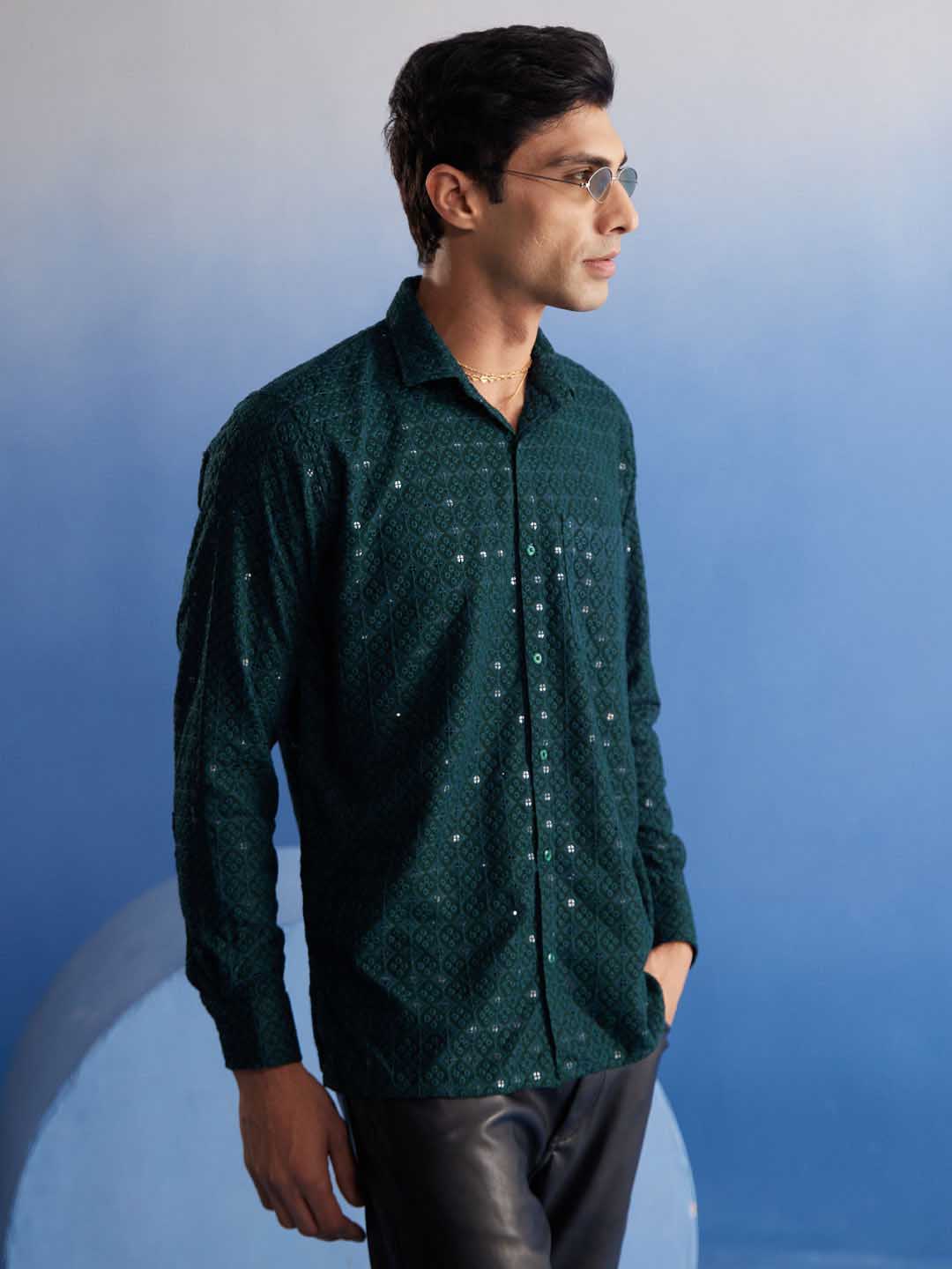 VM By VASTRAMAY Men's Green Rayon Embellished Shirt