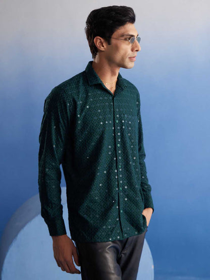 VM By VASTRAMAY Men's Green Rayon Embellished Shirt