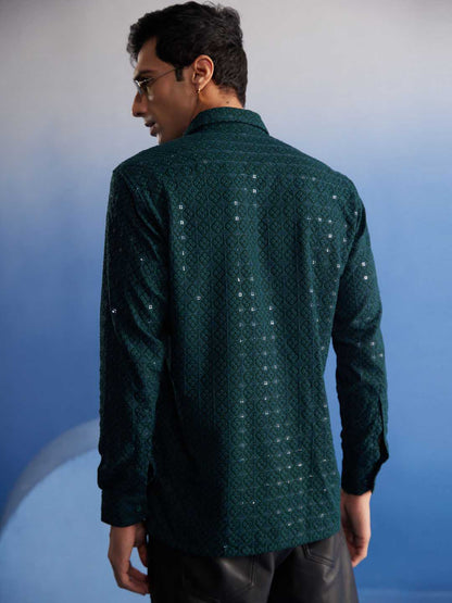 VM By VASTRAMAY Men's Green Rayon Embellished Shirt