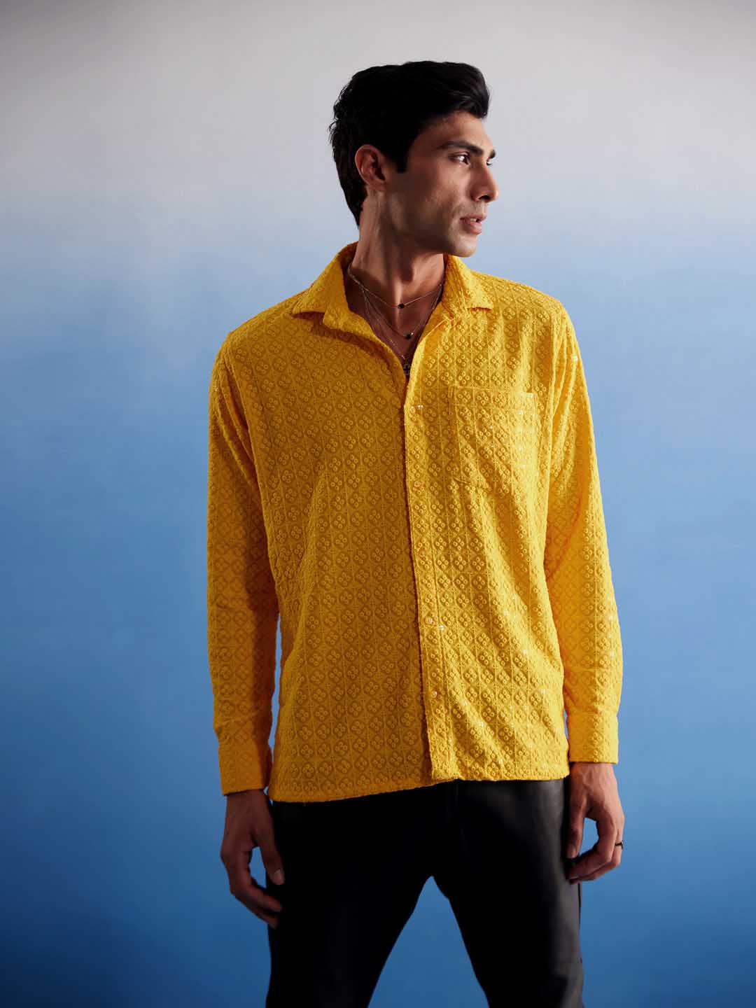 VASTRAMAY Men's Yellow Rayon Embellished Shirt