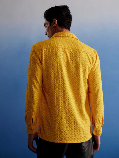 VM By VASTRAMAY Men's Yellow Rayon Embellished Shirt