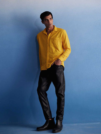 VM By VASTRAMAY Men's Yellow Rayon Embellished Shirt