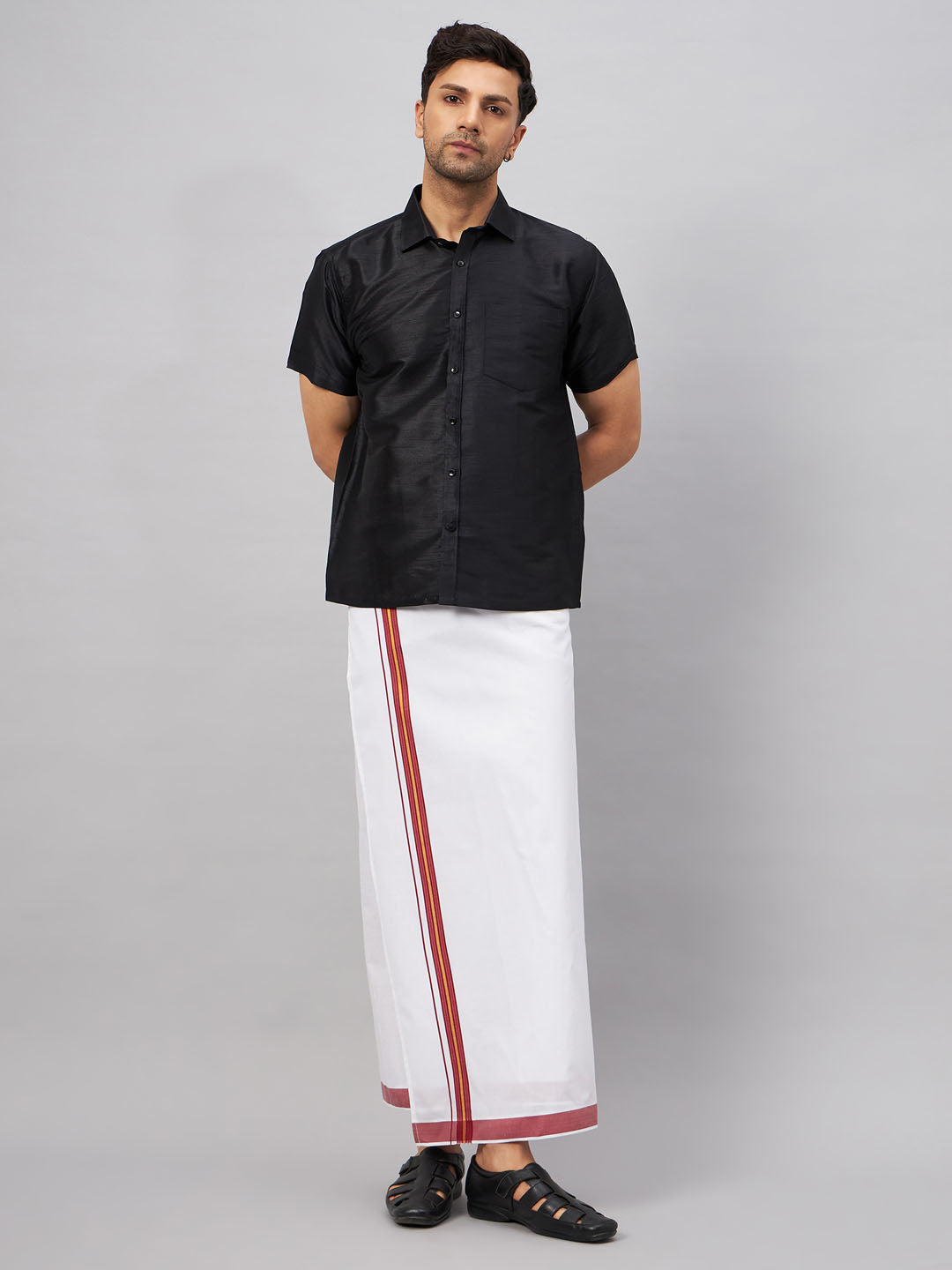 VASTRAMAY Men's Black And White Silk Blend Shirt And Mundu Set