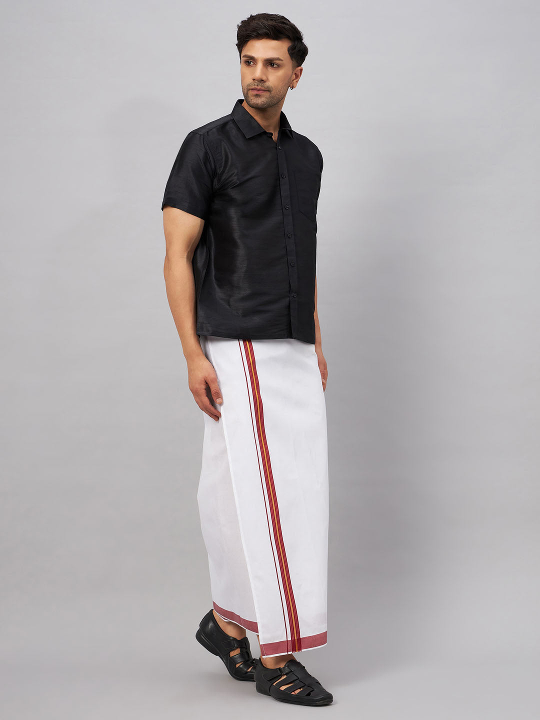 VASTRAMAY Men's Black And White Silk Blend Shirt And Mundu Set