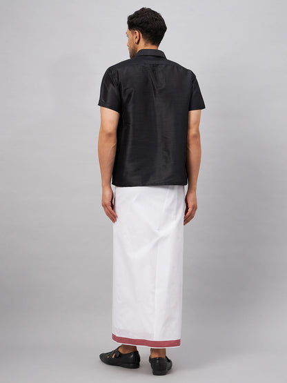 VASTRAMAY Men's Black And White Silk Blend Shirt And Mundu Set