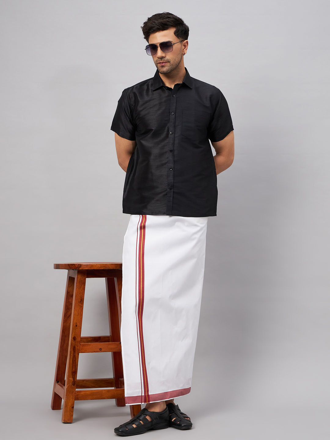 VM By VASTRAMAY Men's Black And White Silk Blend Shirt And Mundu Set