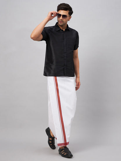 VASTRAMAY Men's Black And White Silk Blend Shirt And Mundu Set