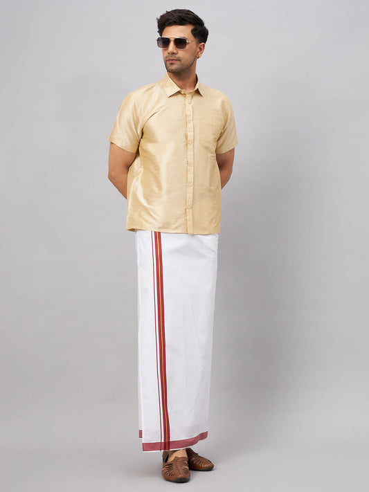 VM BY VASTRAMAY Men's Gold And White Silk Blend Shirt And Mundu Set