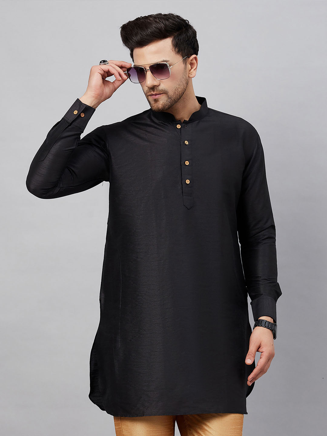 Vastramay Vastramay Men's Black Silk Blend Curved Kurta