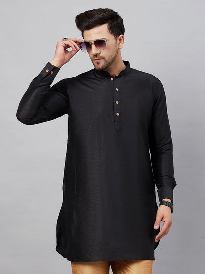 Vastramay Vastramay Men's Black Silk Blend Curved Kurta