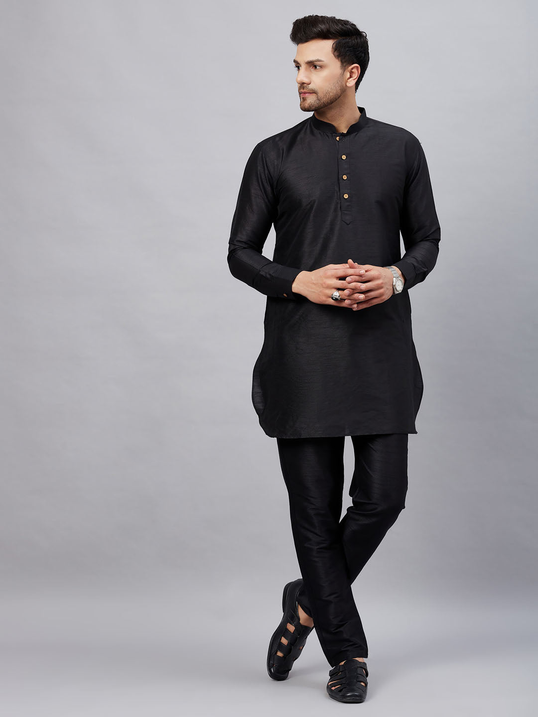 Vastramay mens black silk blend kurta and pant style pyjama set
