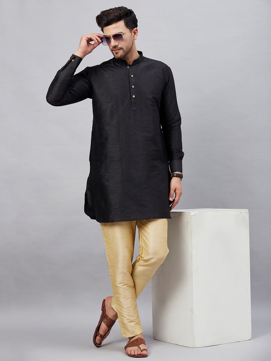 Vastramay mens black silk blend kurta and gold pant style pyjama set