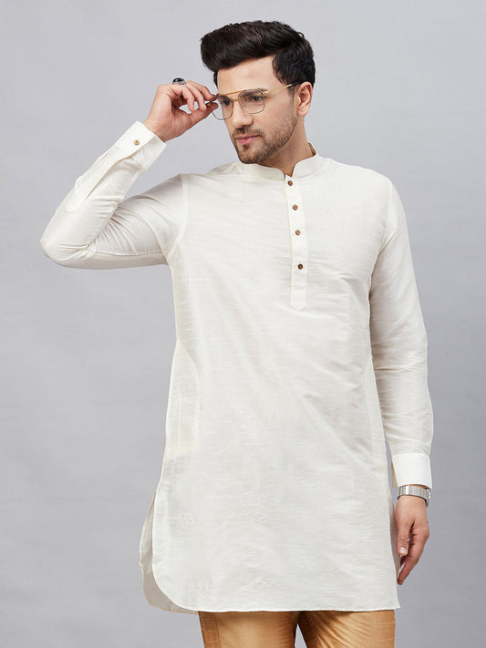 Vastramay Men's Cream Silk Blend Curved Kurta