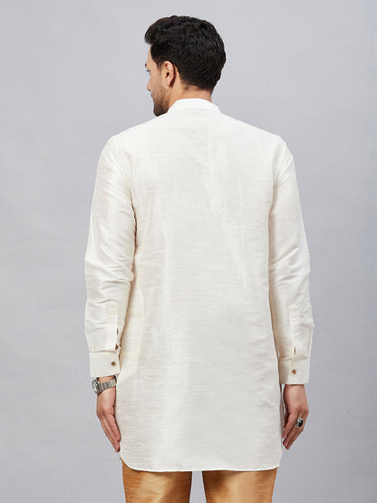 Vastramay Men's Cream Silk Blend Curved Kurta