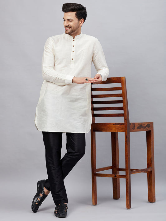 Vastramay mens cream silk blend kurta and black pant style pyjama set