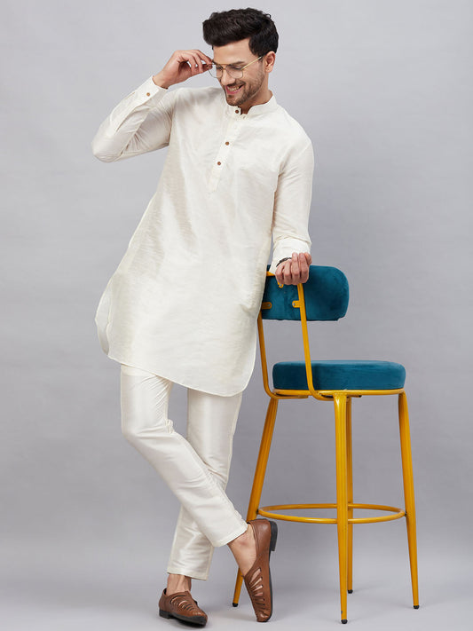 Vastramay mens cream silk blend kurta and rose gold pant style pyjama set 1