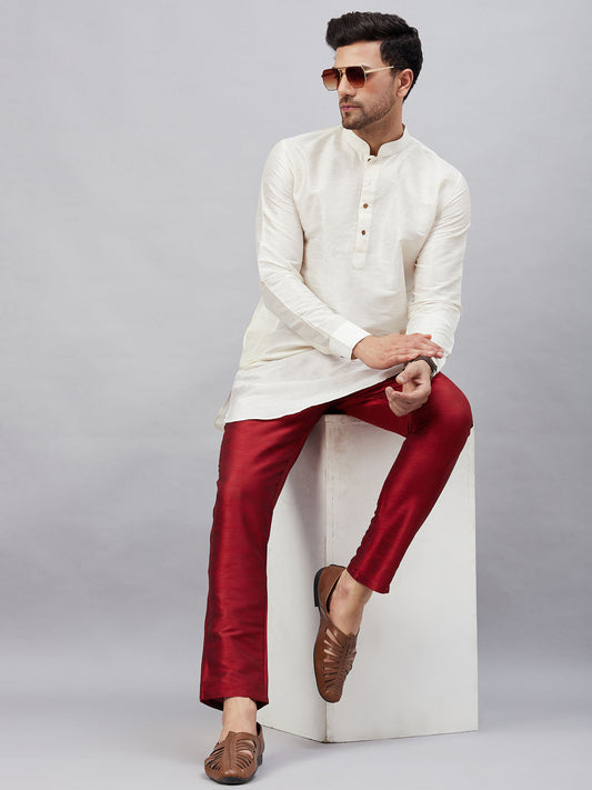 Vastramay mens cream silk blend kurta and maroon pant style pyjama set