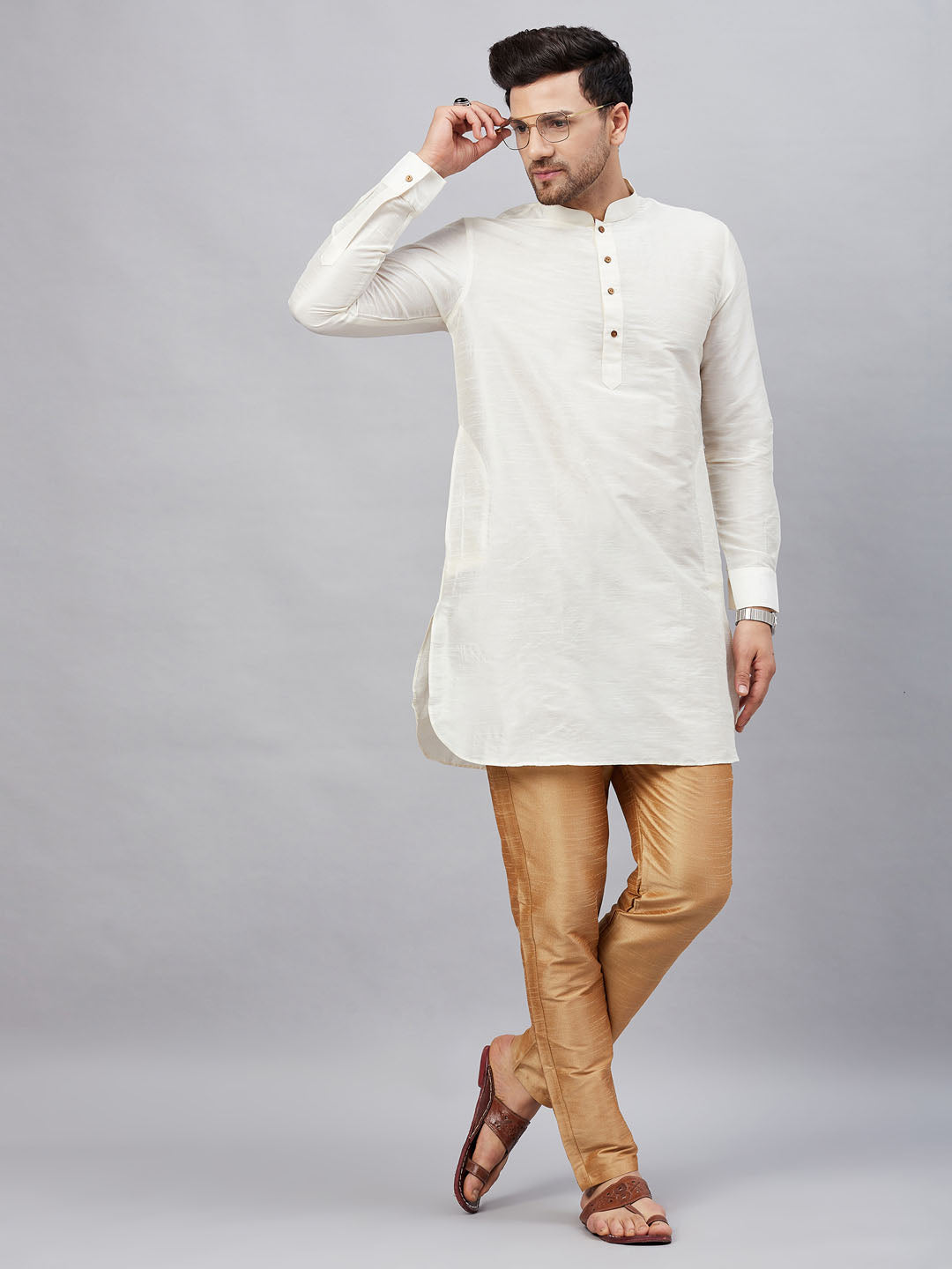 Vastramay mens cream silk blend kurta and rose gold pant style pyjama set