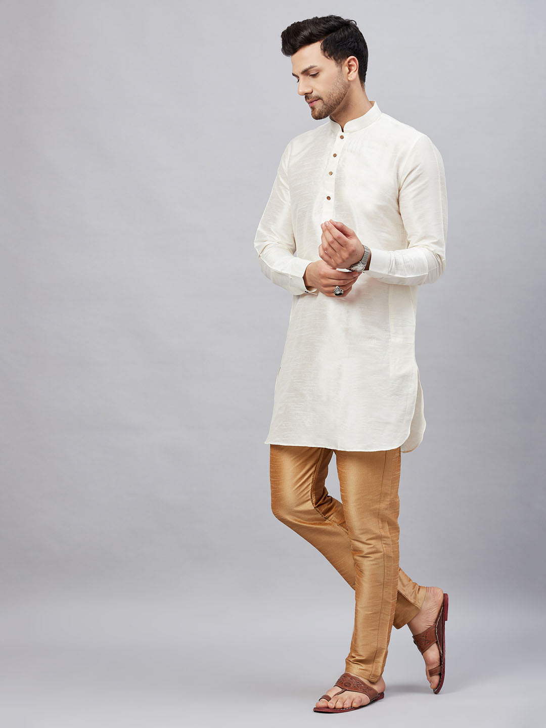 Vastramay mens cream silk blend kurta and rose gold pant style pyjama set