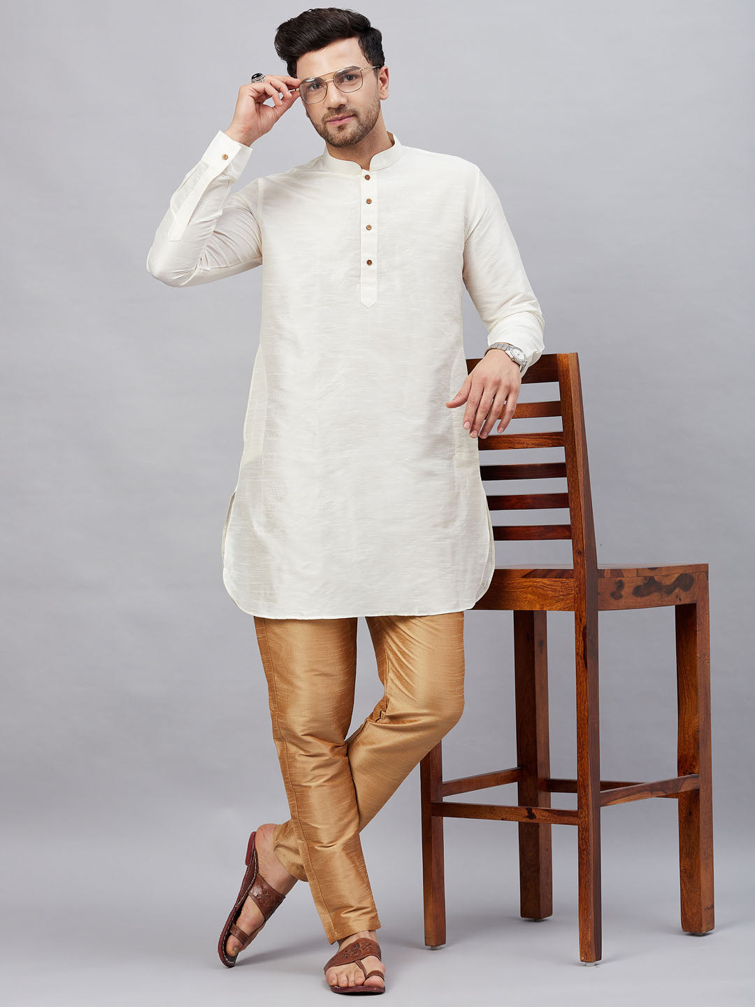 Vastramay mens cream silk blend kurta and rose gold pant style pyjama set