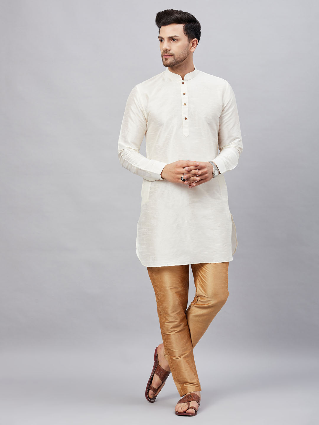 Vastramay mens cream silk blend kurta and rose gold pant style pyjama set