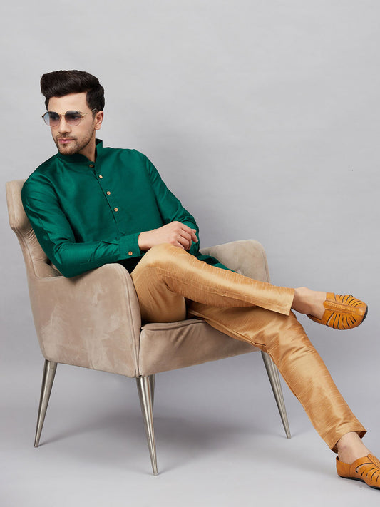 Vastramay mens green silk blend kurta and rose gold pant style pyjama set