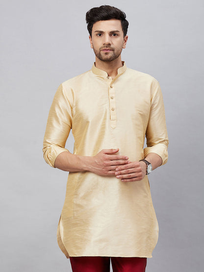 Vastramay Vastramay Men's Gold Silk Blend Curved Kurta