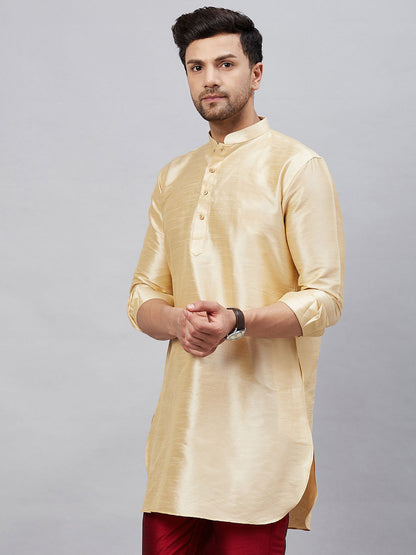 Vastramay Men's Gold Silk Blend Curved Kurta