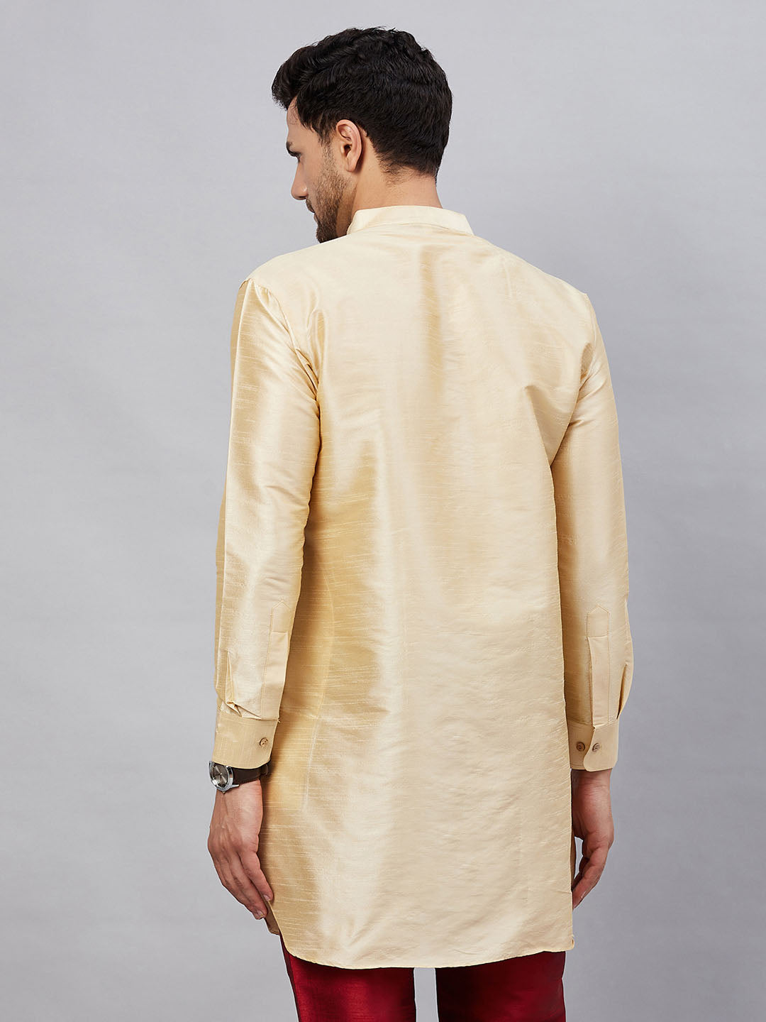 Vastramay Men's Gold Silk Blend Curved Kurta