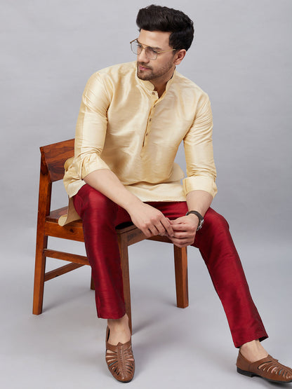 Vastramay Men's Gold Silk Blend Curved Kurta