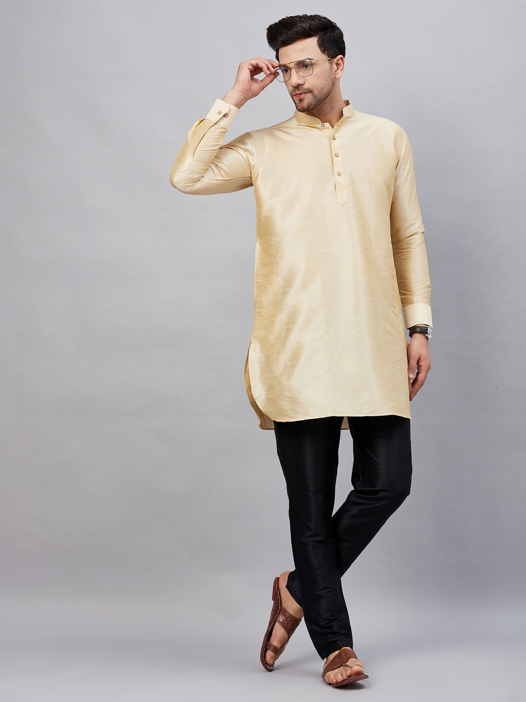 Vastramay mens gold silk blend kurta and black pant style pyjama set