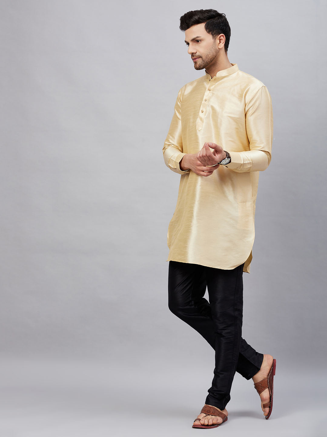 Vastramay mens gold silk blend kurta and black pant style pyjama set