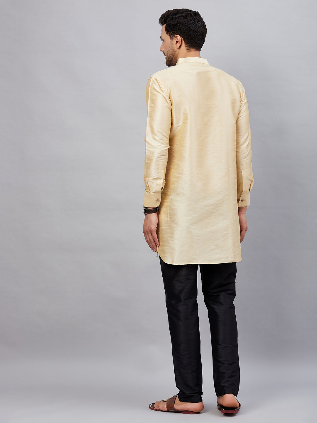 Vastramay mens gold silk blend kurta and black pant style pyjama set
