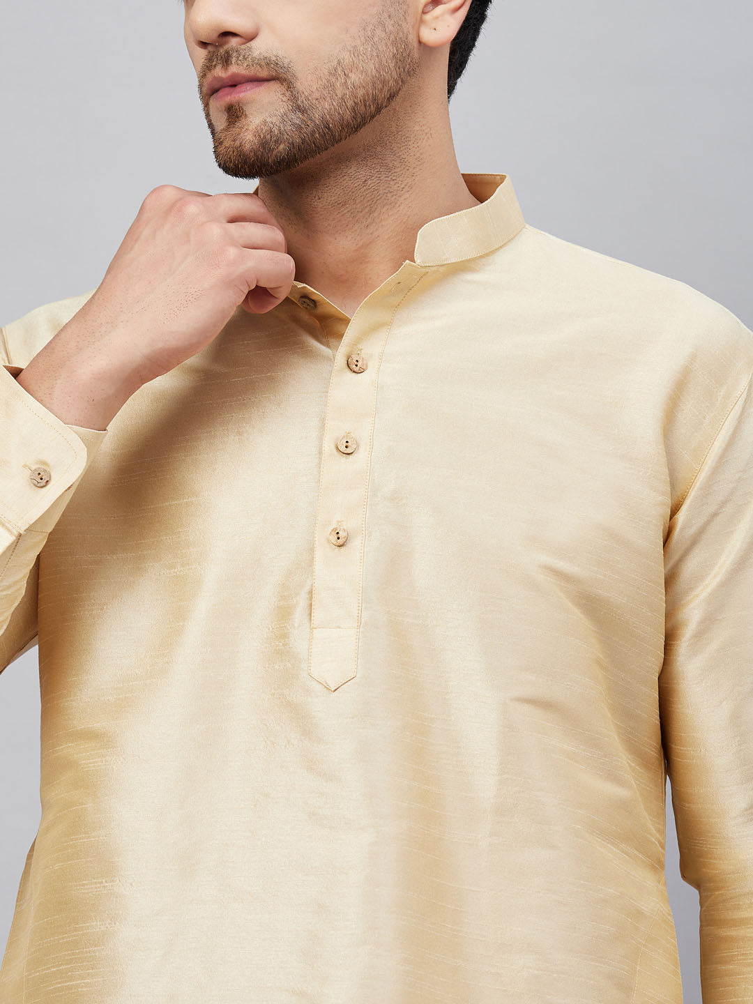 Vastramay mens gold silk blend kurta and black pant style pyjama set