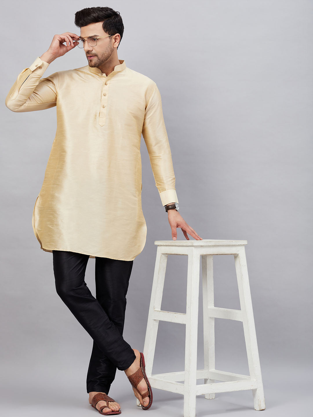 Vastramay mens gold silk blend kurta and black pant style pyjama set