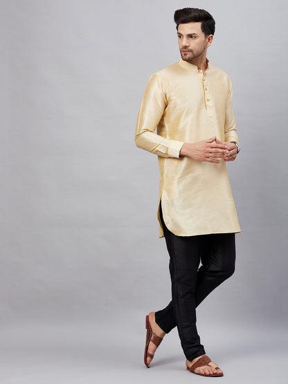 Vastramay mens gold silk blend kurta and black pant style pyjama set