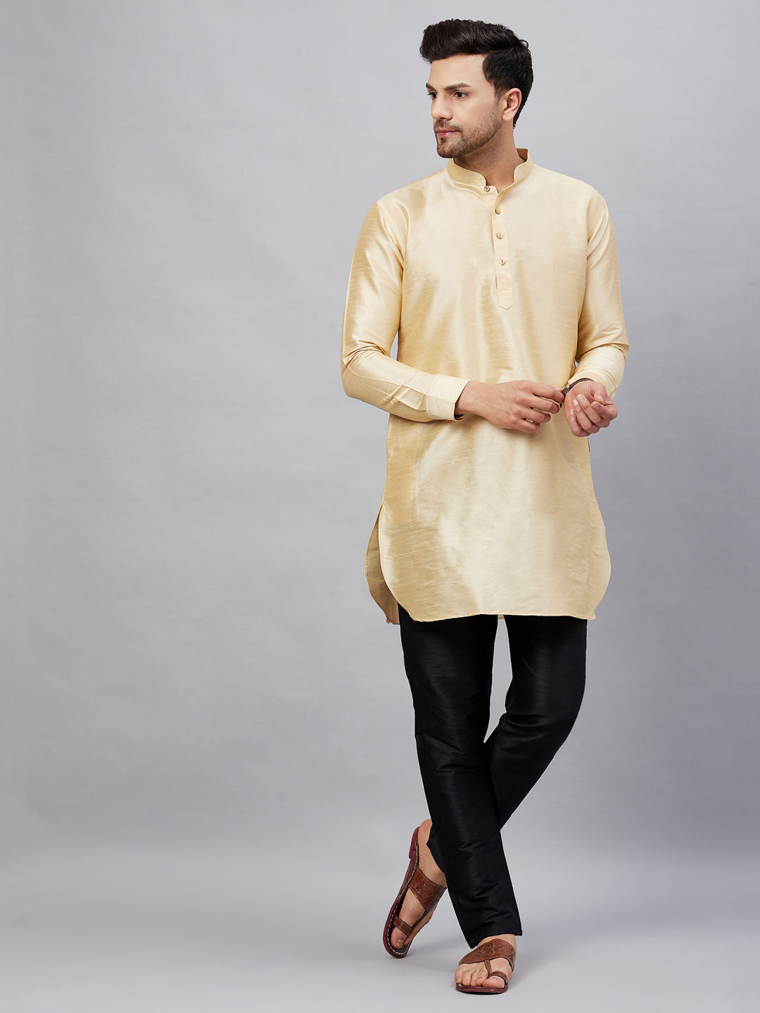 Vastramay mens gold silk blend kurta and black pant style pyjama set