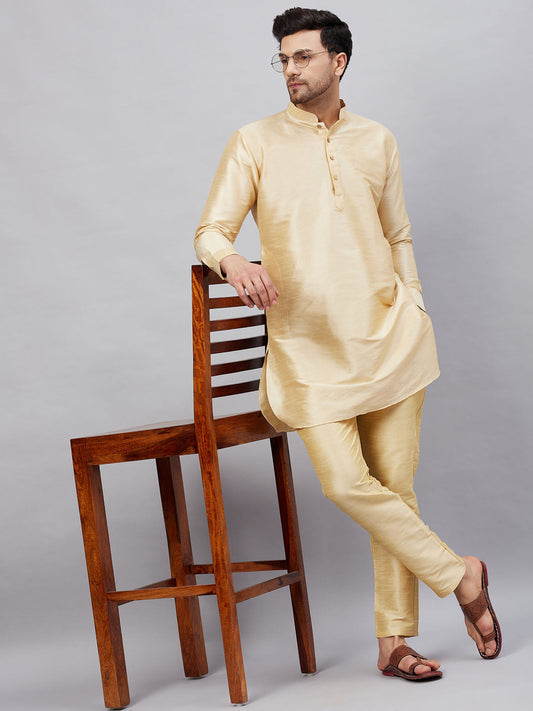 Vastramay mens gold silk blend kurta and gold pant style pyjama set