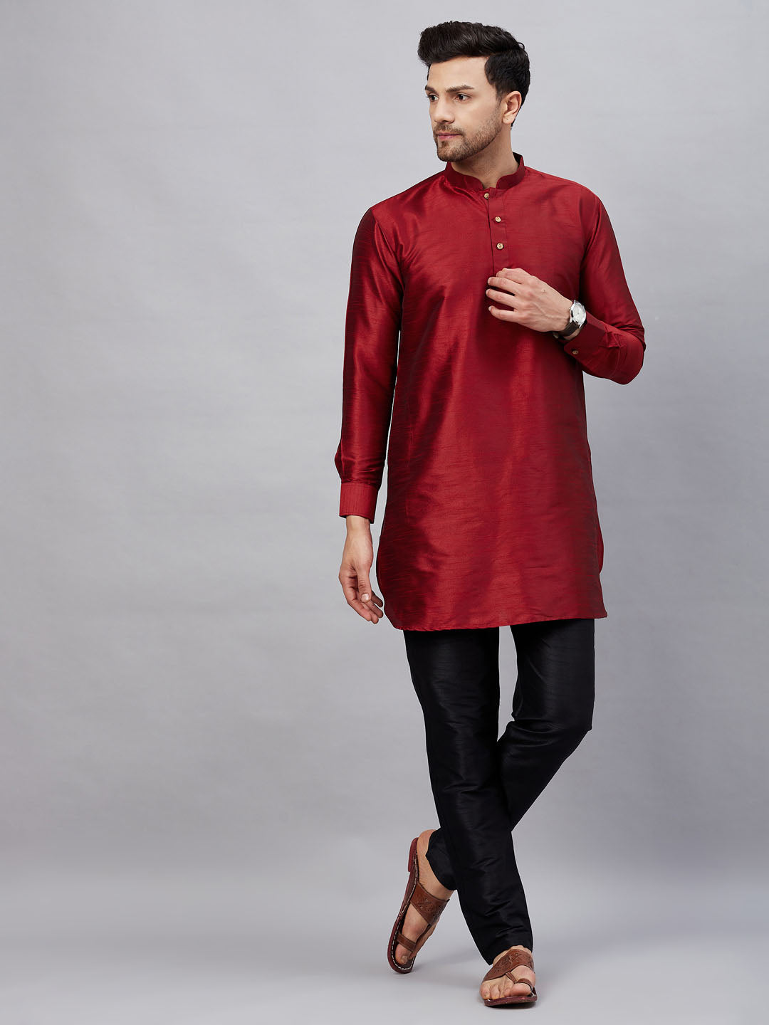 Vastramay mens maroon silk blend kurta and black pant style pyjama set