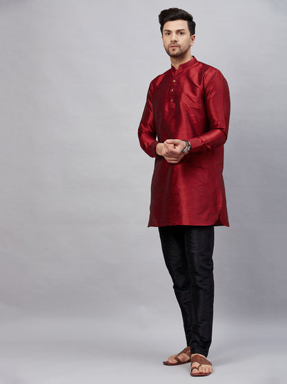 Vastramay mens maroon silk blend kurta and black pant style pyjama set