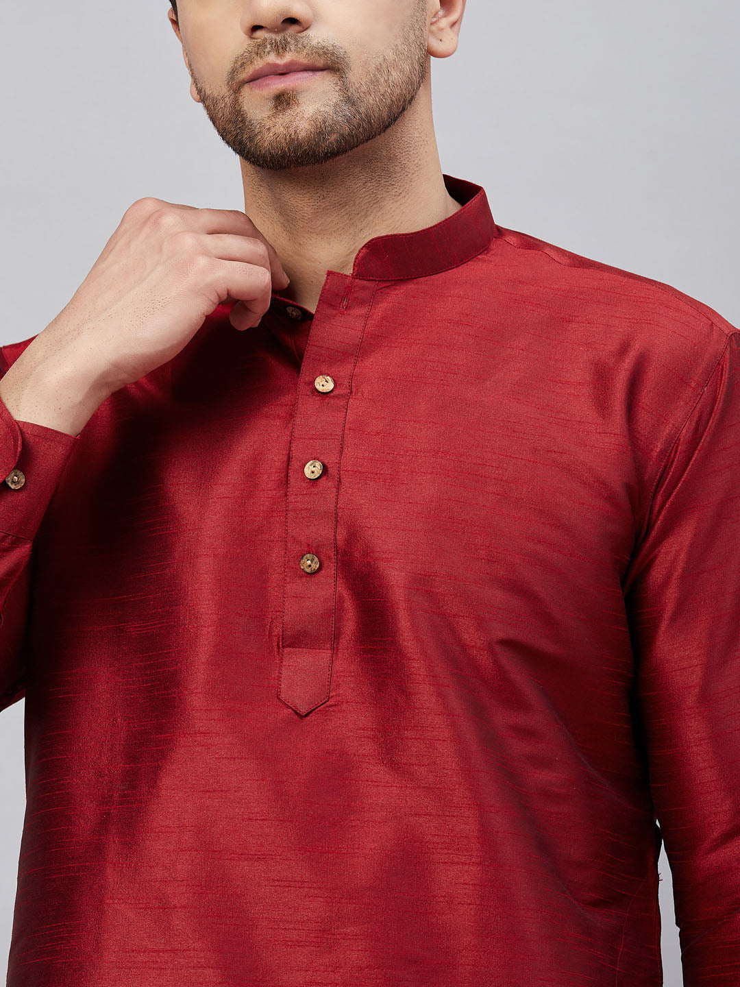 Vastramay mens maroon silk blend kurta and black pant style pyjama set