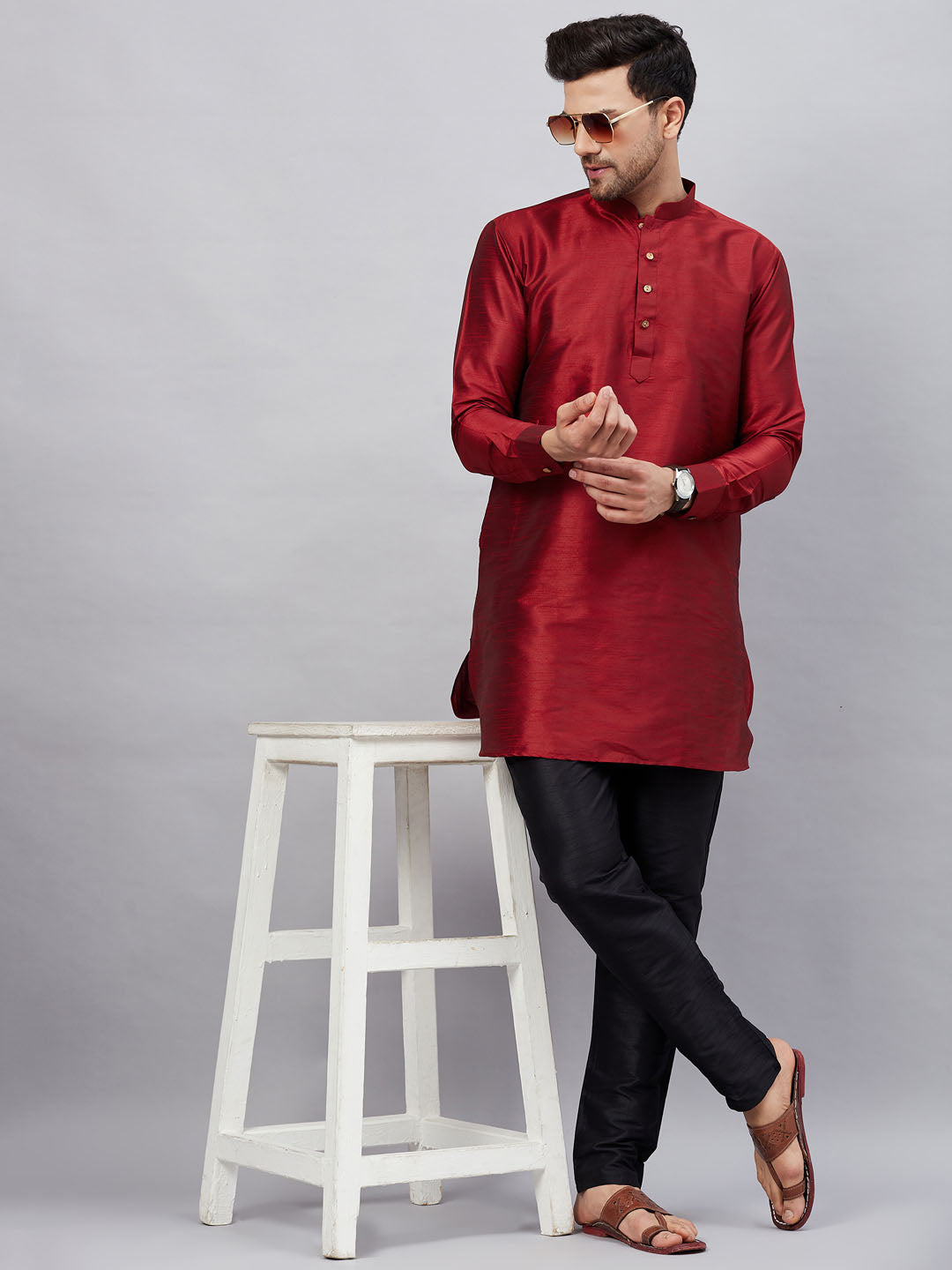 Vastramay mens maroon silk blend kurta and black pant style pyjama set