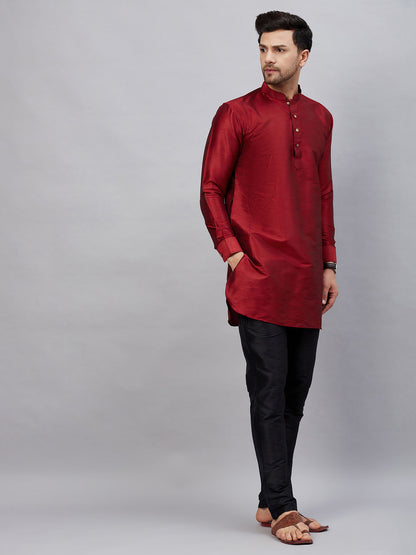 Vastramay mens maroon silk blend kurta and black pant style pyjama set