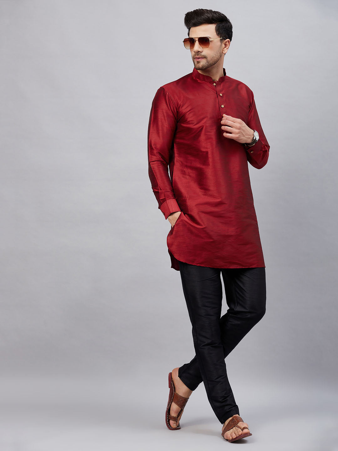 Vastramay mens maroon silk blend kurta and black pant style pyjama set