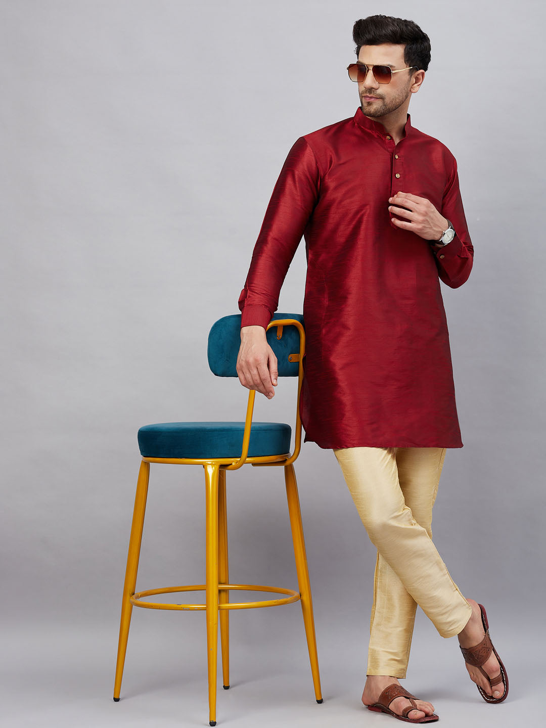 Vastramay mens maroon silk blend kurta and gold pant style pyjama set 1