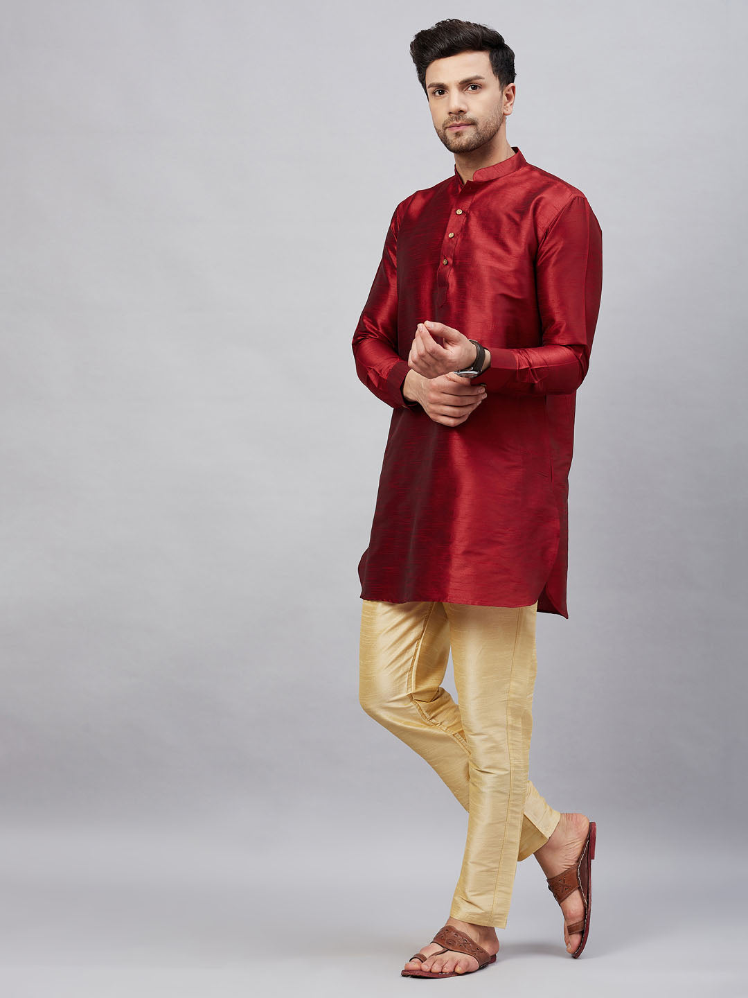 Vastramay mens maroon silk blend kurta and gold pant style pyjama set 1