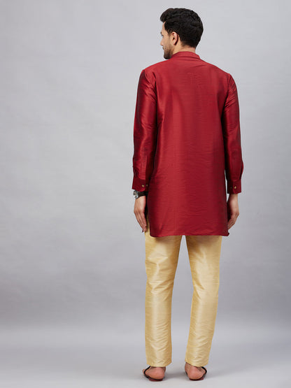 Vastramay mens maroon silk blend kurta and gold pant style pyjama set 1