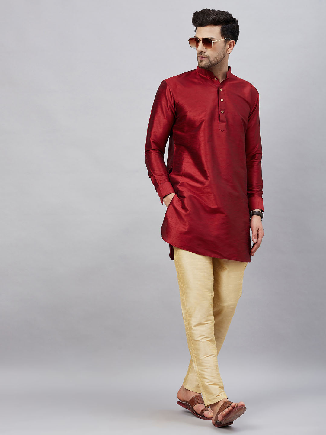 Vastramay mens maroon silk blend kurta and gold pant style pyjama set 1